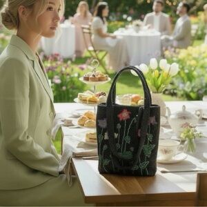 VTG Womens Mini ALL Beaded Tote Handbag Black w/Flower Botanical Wearable Art